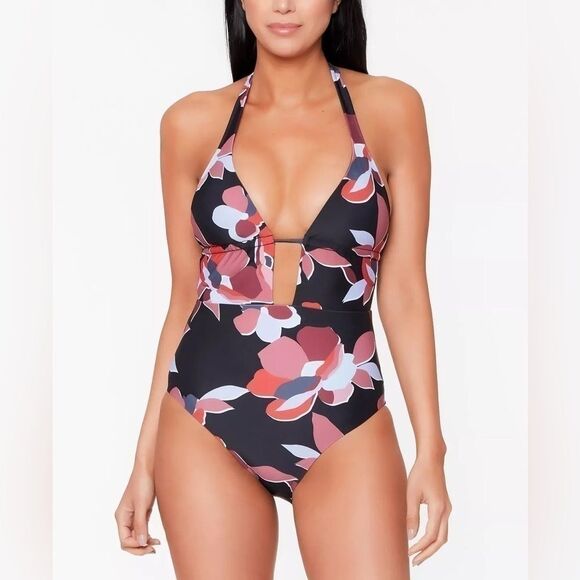 Bar III FLORAL MULTI Plunge Halter One-Piece Swimsuit, US XS New - Picture 1 of 14